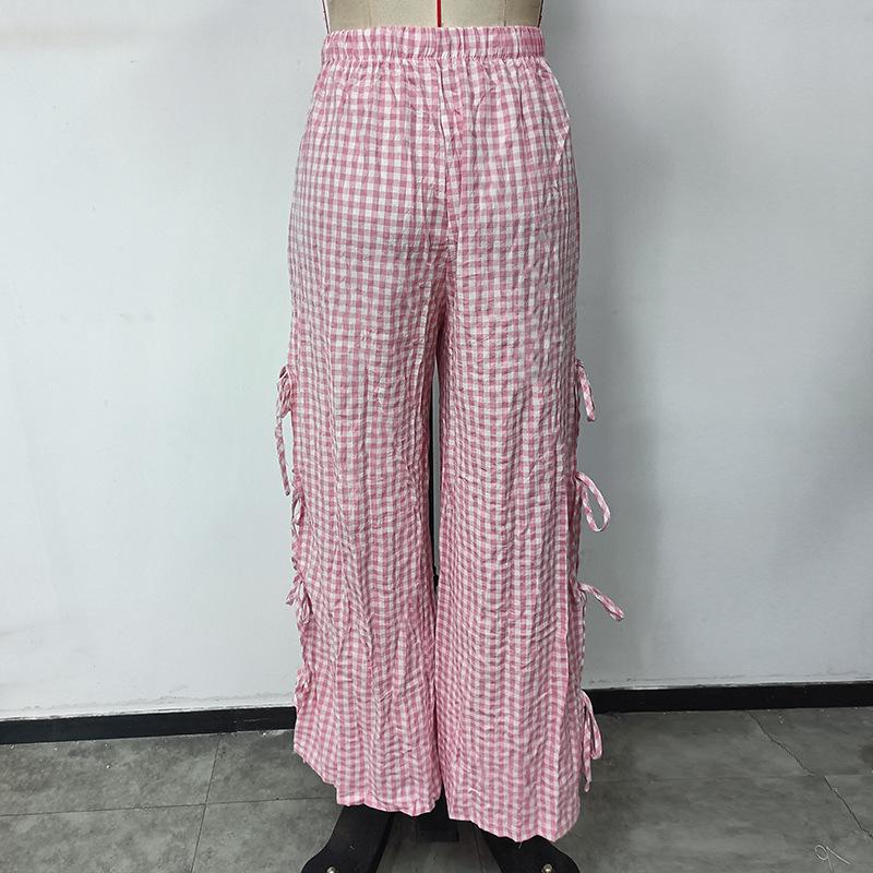 Pantalon Long Décontracté d'Automne pour Femmes à Taille Élastique, Imprimé Plaid, avec Lacets à Nouer