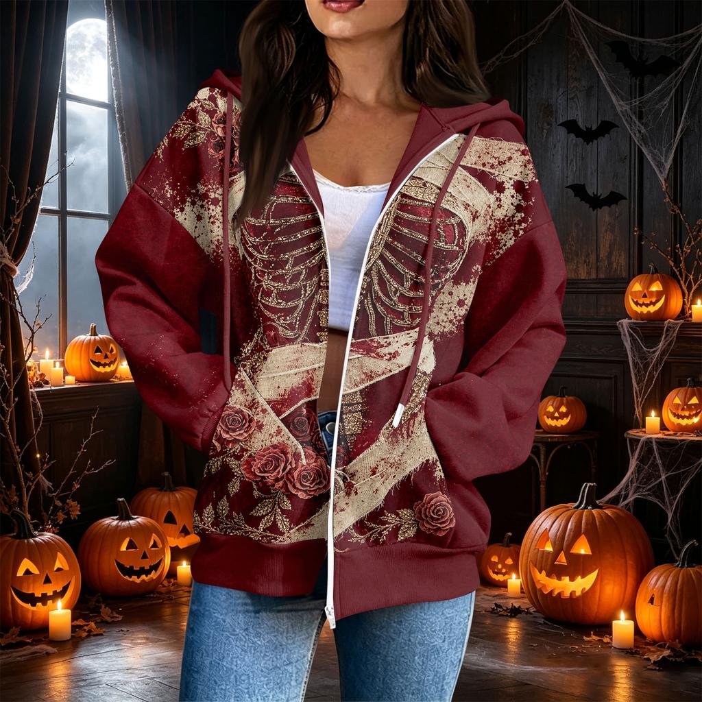 Women's Casual Long Sleeve Zip-Up Hoodie Sweatshirt with Halloween Print