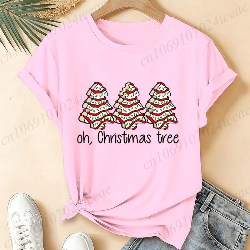 Women Oh, Christmas Tree Graphic T Shirt Vintage Aesthetic Tees Snack Cakes Christmas Print Short Sleeve Casual Streetwear Top