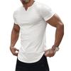 Men's White Ribbed Knit V-Neck Short Sleeve Slim Fit Curved Hem Casual Athletic T-Shirt