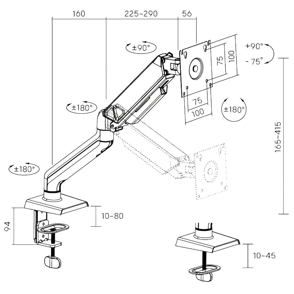 GOPPA Goppa Adjustable Single Monitor Arm, Black, Compatible with 17-34 Inch Monitors, Recessed VESA Compatible, GP-DPAS1R/B-UE