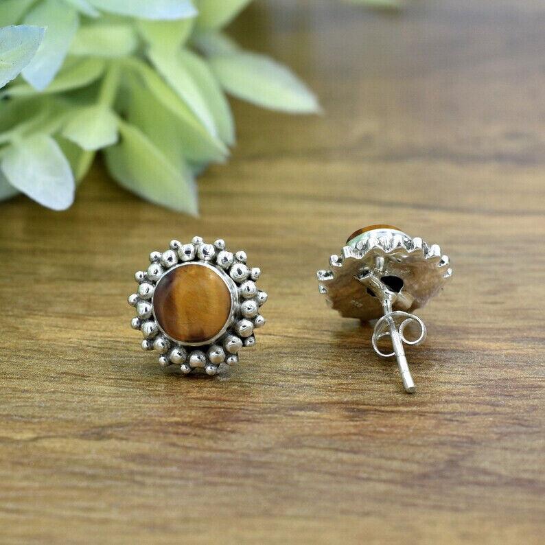 Tiger's Eye Earring Stone Jewelry Sterling Silver Small Stud Minimalist Earring