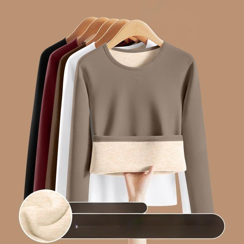 Women's Autumn Winter Round Neck with Velvet Lining Sweater Thickened Wear Thermal Clothes Long-sleeved T-shirt Bottoming Shirt