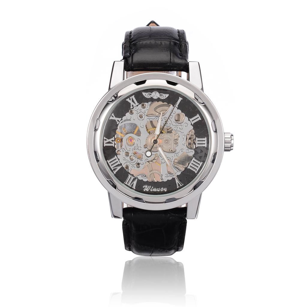 Men's Luxury Black Leather Skeleton Sport Automatic Mechanical Wrist