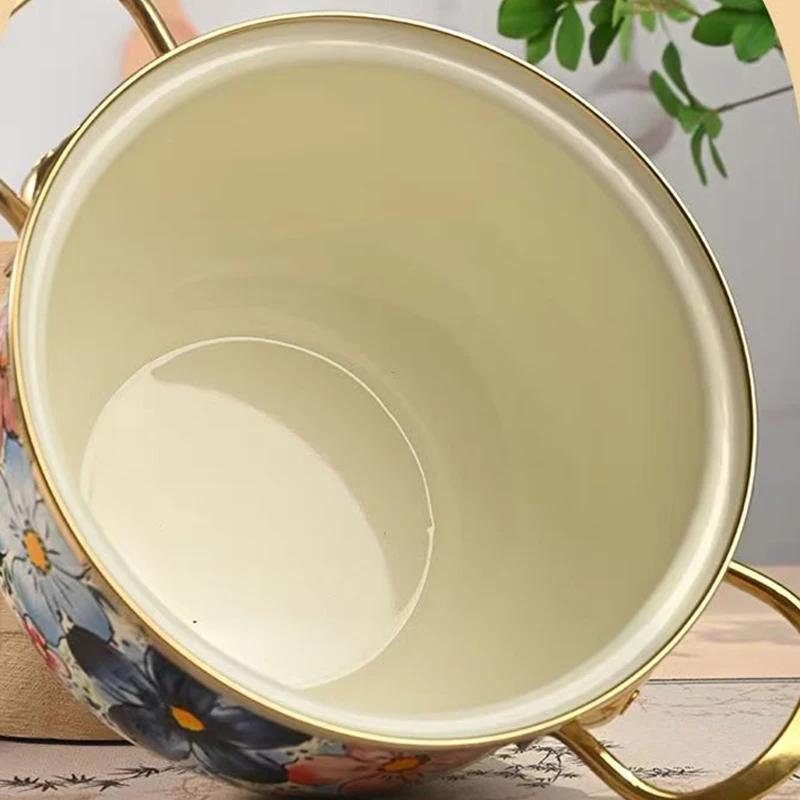Enamel Soup Pot Large Capacity 5.5L Kitchen Cookware Enamel Stew Pot Double Handle Classical Flowers Thickened Cooking Pan