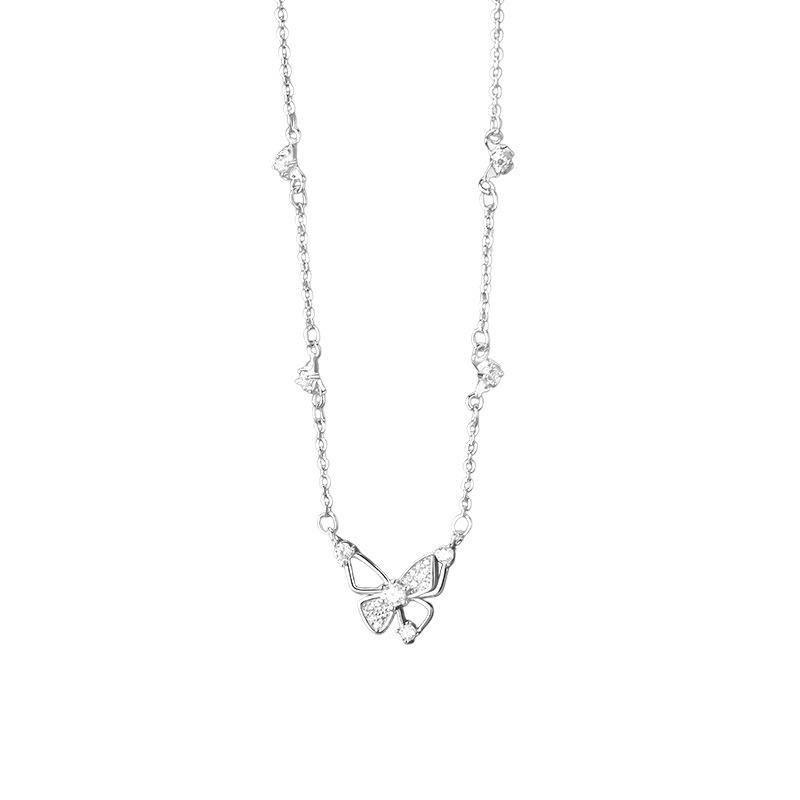 S999 Pure Silver Small Fresh Hollow Butterfly Necklace Sweet Literary Hundred Pagoda Temperament Sweet Collarbone Chain