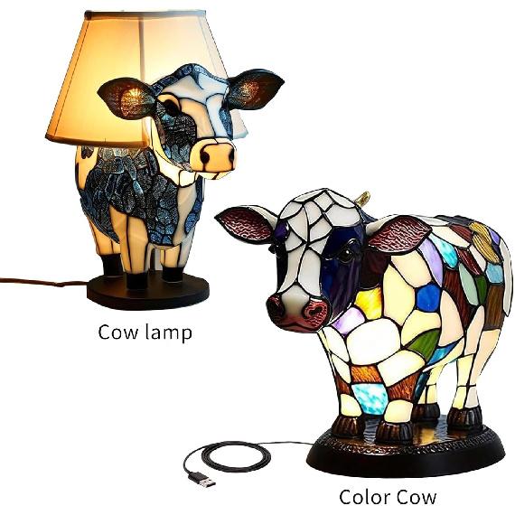 Cute Animal Cow Table Lamp Mini Cow Night Light with Chargeing Port Portable Bedside Table Lamp for Living Room Bedroom, Dormitory Office(Multicolor)