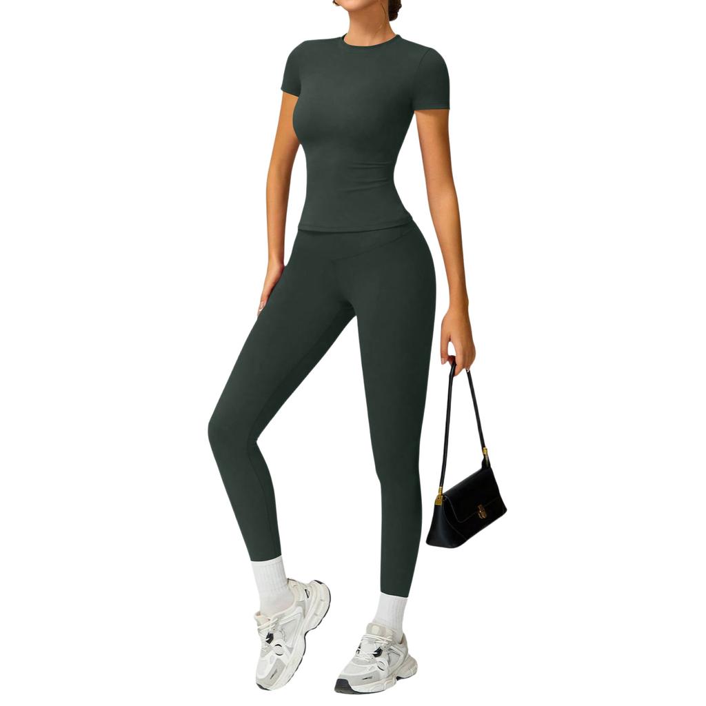 Women's Casual  Color Yoga Suit Short-Sleeve Pants Set