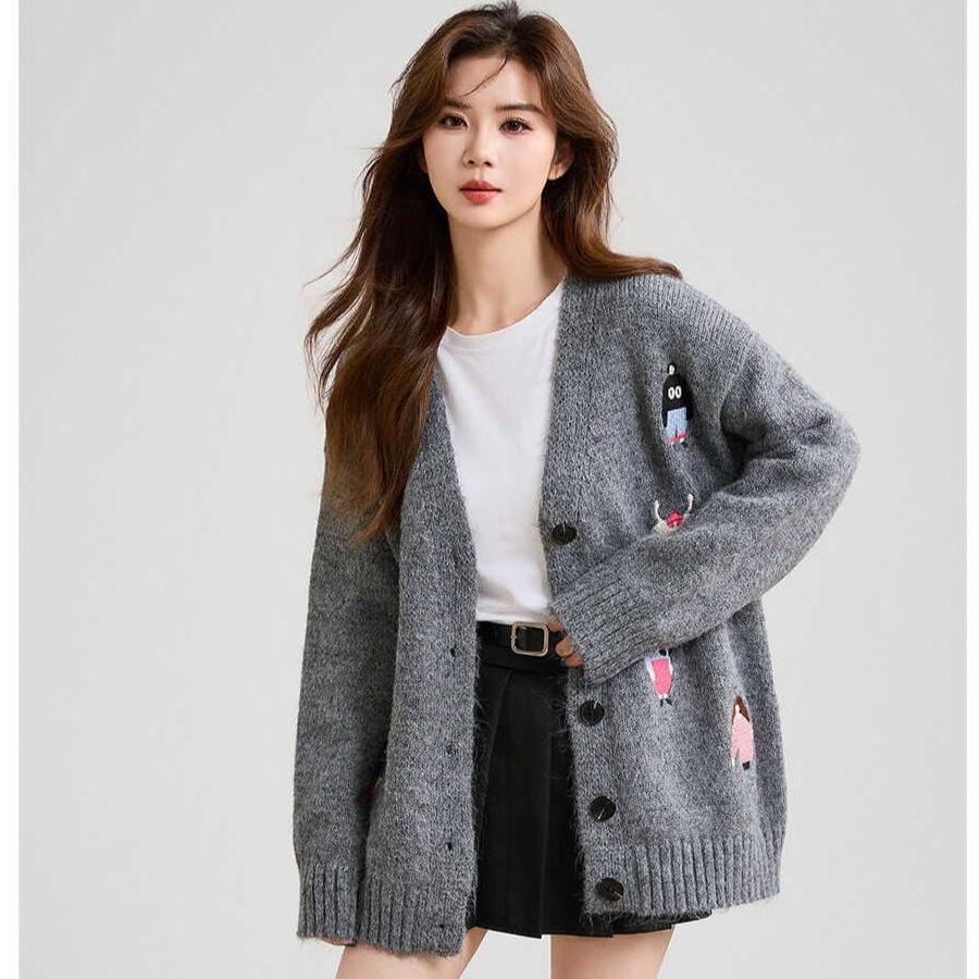 Dimanaf Winter 2025 Autumn Cardigan Embroidery Women Buttons Sweaters Knitting Fashion Loose Sweater