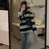 Korean Hoodies Women Vintage Stripe Sweatshirts Casual Oversized Long Sleeve Crew Neck Pullovers Thin Gray Y2k Tops Streetwear