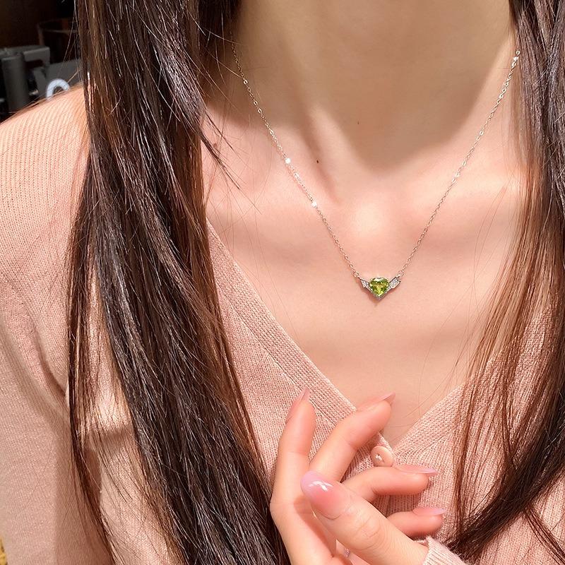 S925 Sterling Silver Arrow Through Heart Necklace Peridot Crystal Stone Cupid Collarbone Chain Valentine's Day Birthday Jewelry Gift for Women
