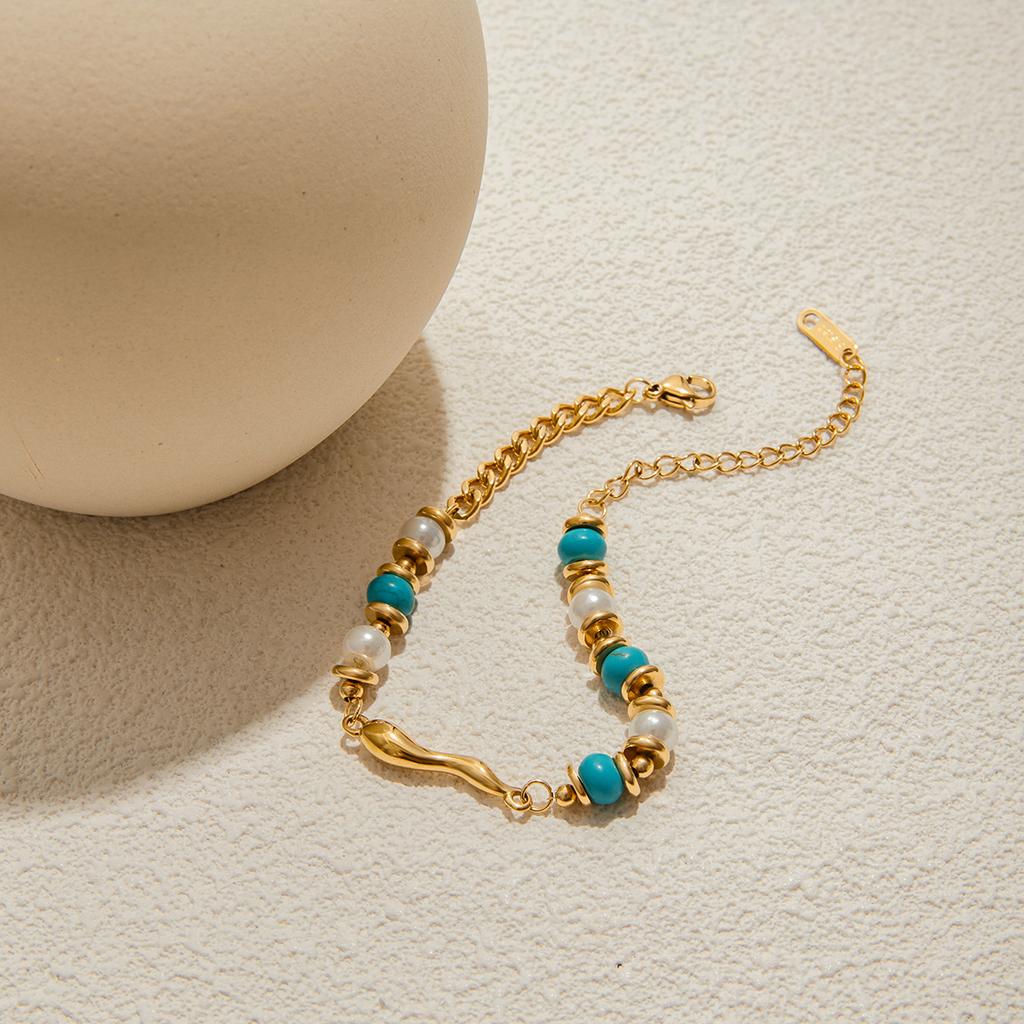 Youthway Retro Feng Shui Teardrop Pendant With Turquoise Bracelet Stainless Steel Gold Color Plated Resin Pearl Women'S Bracelet