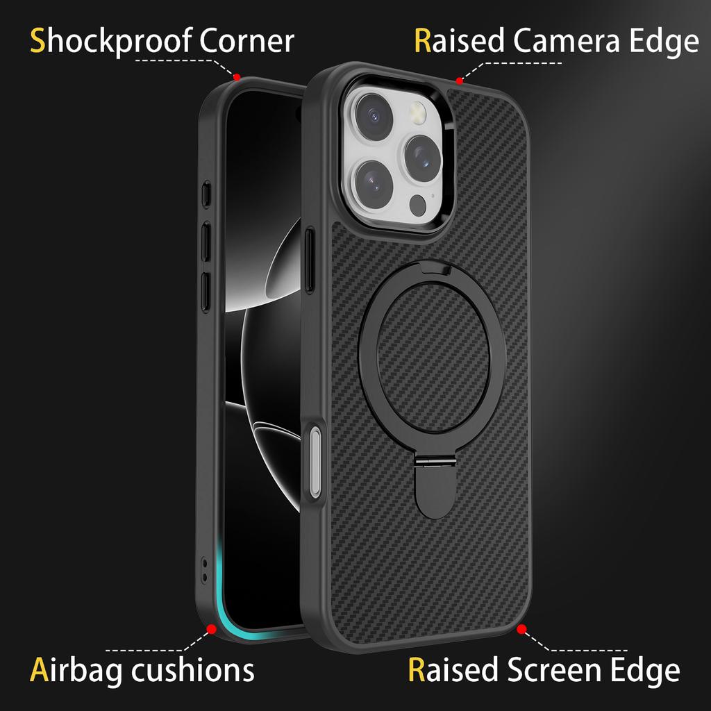 For iPhone 11 12 13 14 15 16 Pro Max Plus Phone Case Magnetic Metal Stand Kevlar Pattern Carbon Fiber Anti Drop Slim Cover