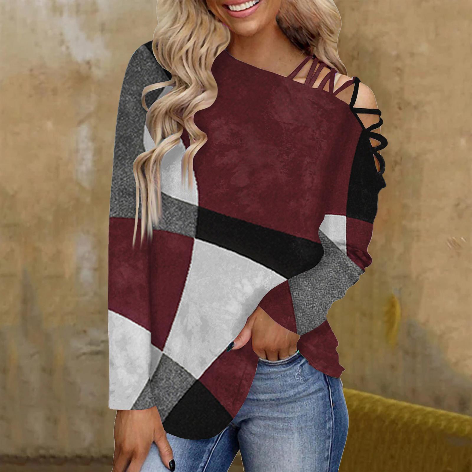 

Женская футболка с плоским вырезом и длинным рукавом, модные топы, женские повседневные хлопковые рубашки с открытыми плечами и галстуком, топы M винный