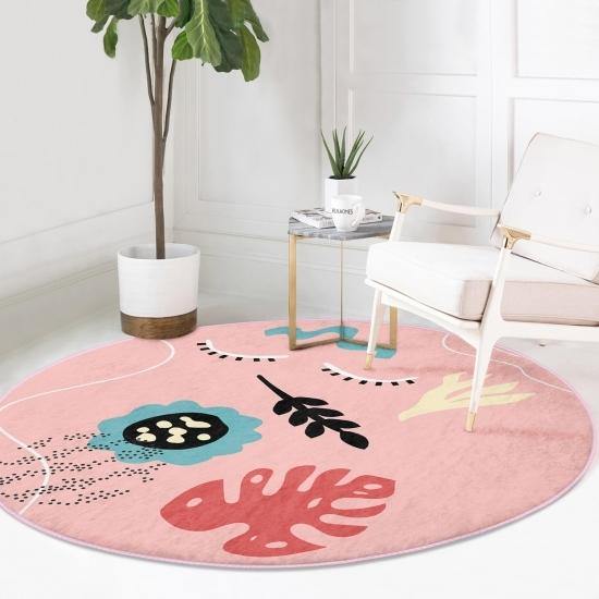 

Deymend Pink Floor Onedraw Themed Living Room and Living Room Round Carpet With Washable Non-Slip Base