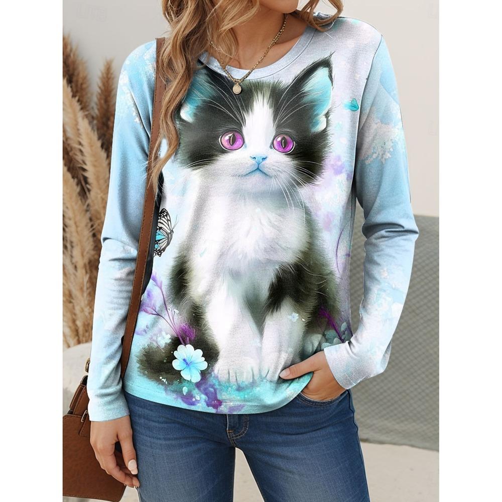 Women's T-Shirts Floral Graphic Stylish Long Sleeve T-shirts Crew Neck Regular Tops Summer Casual Clothes Woman