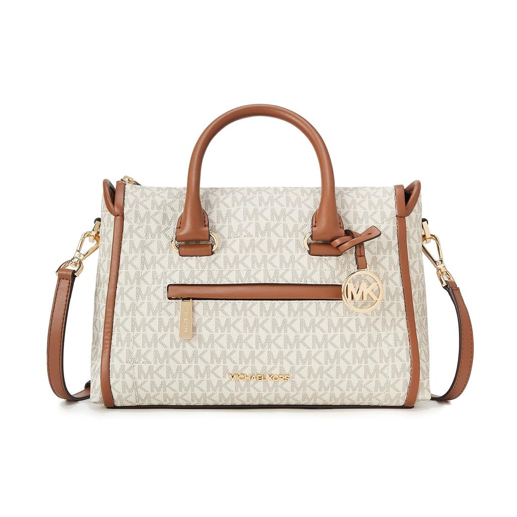 Michael Kors Carine Gold Logo Pendant Classic Print Faux Leather Boston Bag Women Handbags Brown Gray 35F2GCCS2B-150