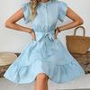 Women Summer Dress High Waist A-Line Lace Up O-Neck Dot Print Short Sleeve Lotus Leaf Midi Dress Sizes S-XL