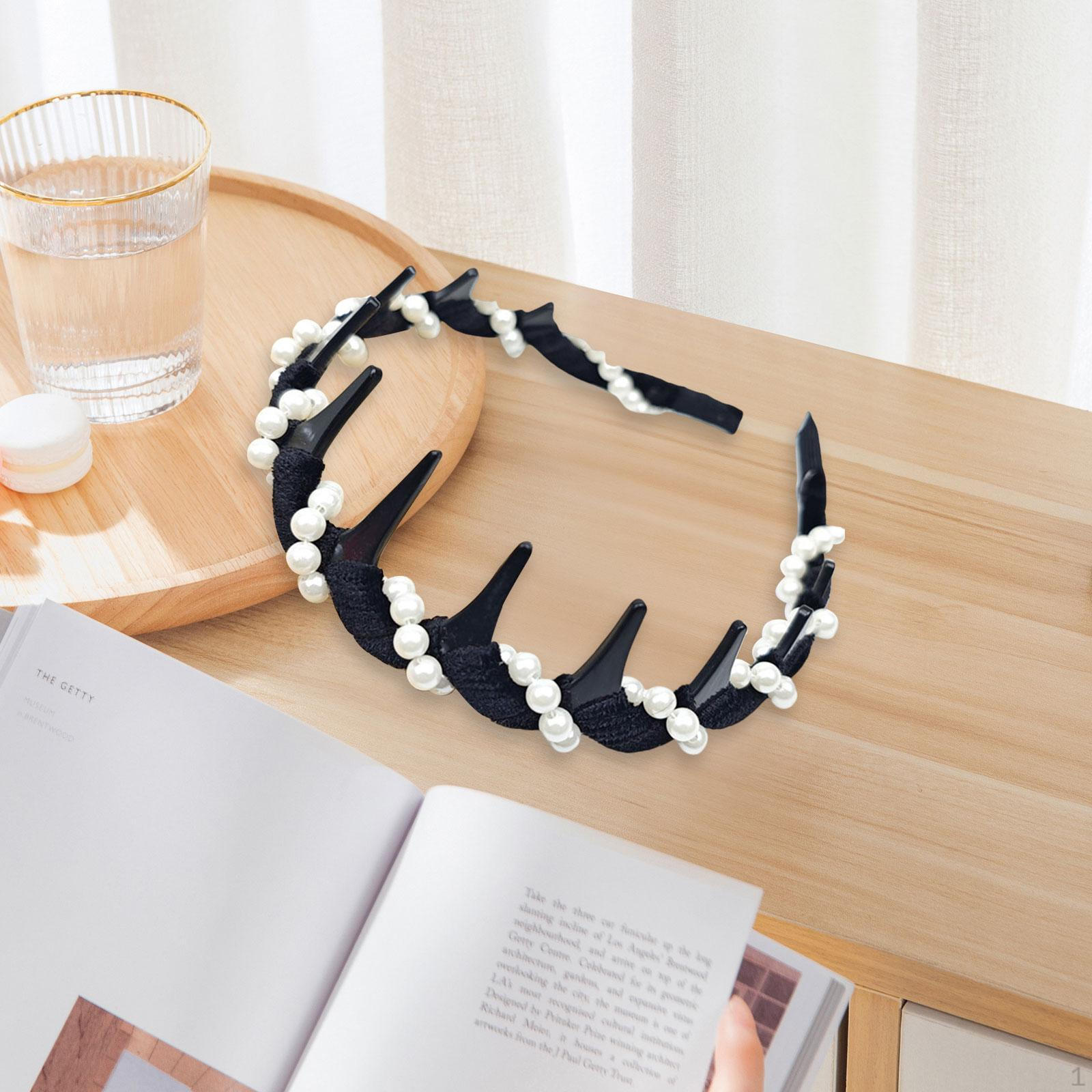 

Beaded Headband Beauty Decoration Effortless with Teeth Comb Non Slip for Girls чорний