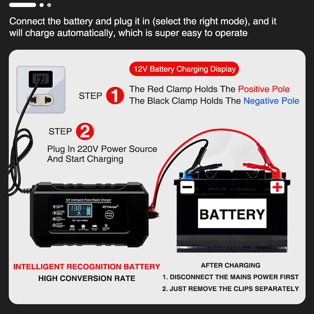 Car Battery Charger 12V 6A Fully Automatic Smart Charger LCD Display Smart Fast Charger for Car Motorcycle