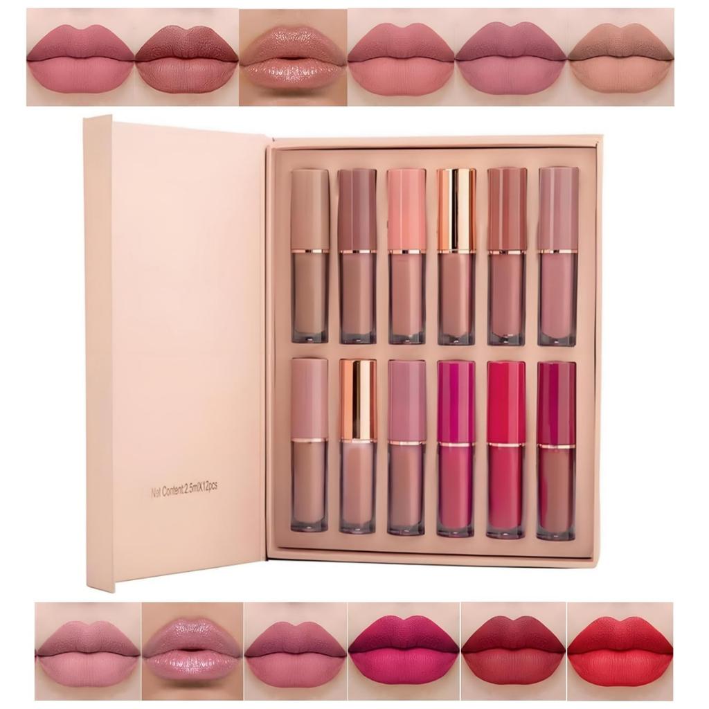 Matte Nude Lipstick Velvety Liquid Lipstick with Sexy Lip Smooth Lip Makeup with Gift Box 12-Color Set, Long-Lasting Non-Stick Cup, Gloss, Tint,