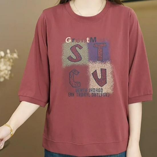 

Chic Korean Style Loose Mid-Sleeve T-Shirt for Middle-Aged Women - Summer 2026 Versatile Round Neck, Tummy-Covering Top 2XL (suggested 135-150 lbs) brick червоний колір