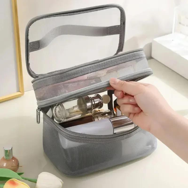 Large Capacity Mesh Cloth Makeup Bag Travel Essentials Cosmetics Organizer Women Toiletry Bag Double Layer Design Cosmetic Bag