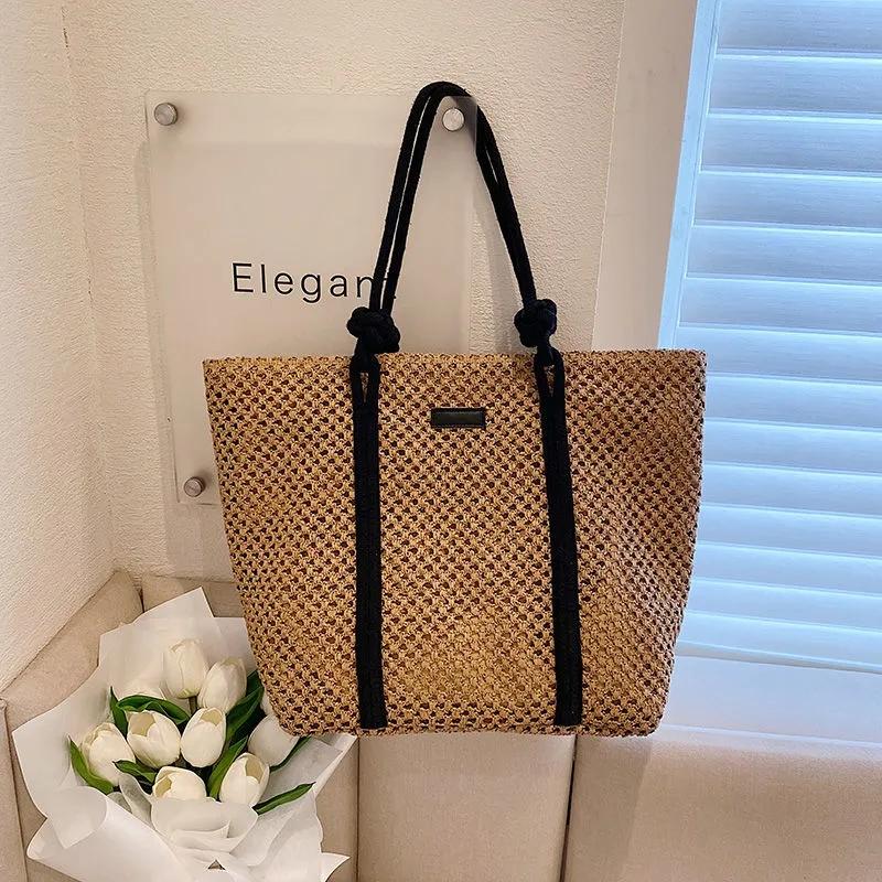 

Yogodlns летняя соломенная женская большая вместительная пляжная сумка ручной работы на плечо для путешествий и отдыха, повседневная сумка-тоут 46x15x36cm хаки