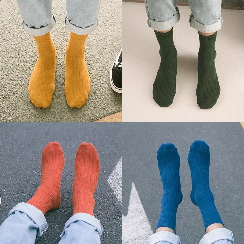 Fashion Solid Color Mens Long Socks Soft Cotton Breathable Stripe Non-slip Mid-tube Sock School Uniform Daily Wear Crew Socks