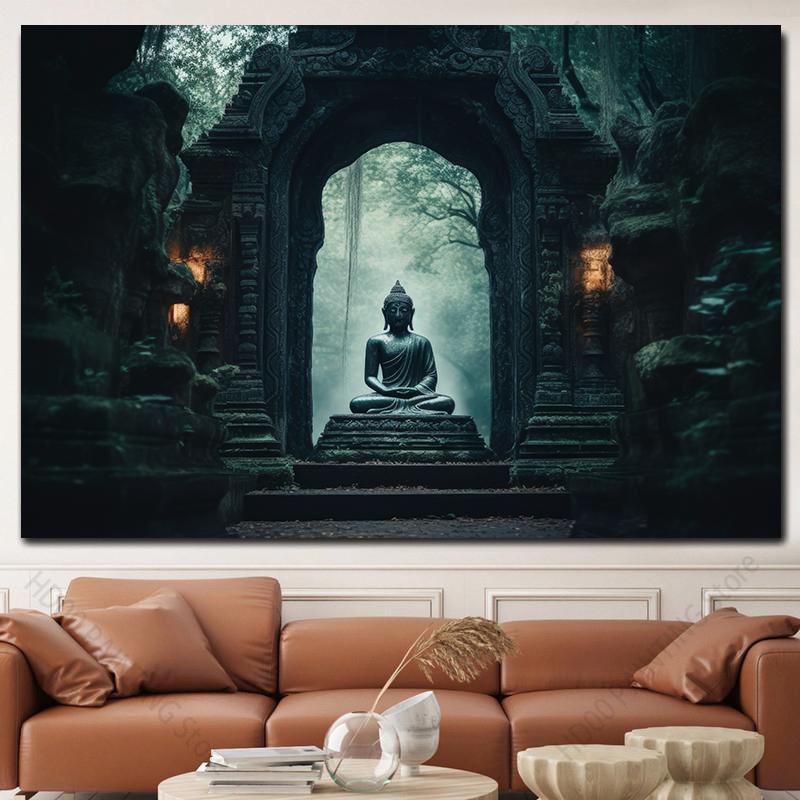 Obraz na płótnie ze statuą Buddy Statua Buddy i świece Plakaty i wydruki do salonu Religijny wystrój ścian Bez ramki