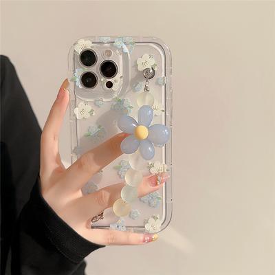 Koreanische süße blaue rosa Blume Handgelenk Kette klare Handytasche für Iphone 14 Pro 13 12 11 Pro Max 3D Blumen Anhänger transparente Abdeckung