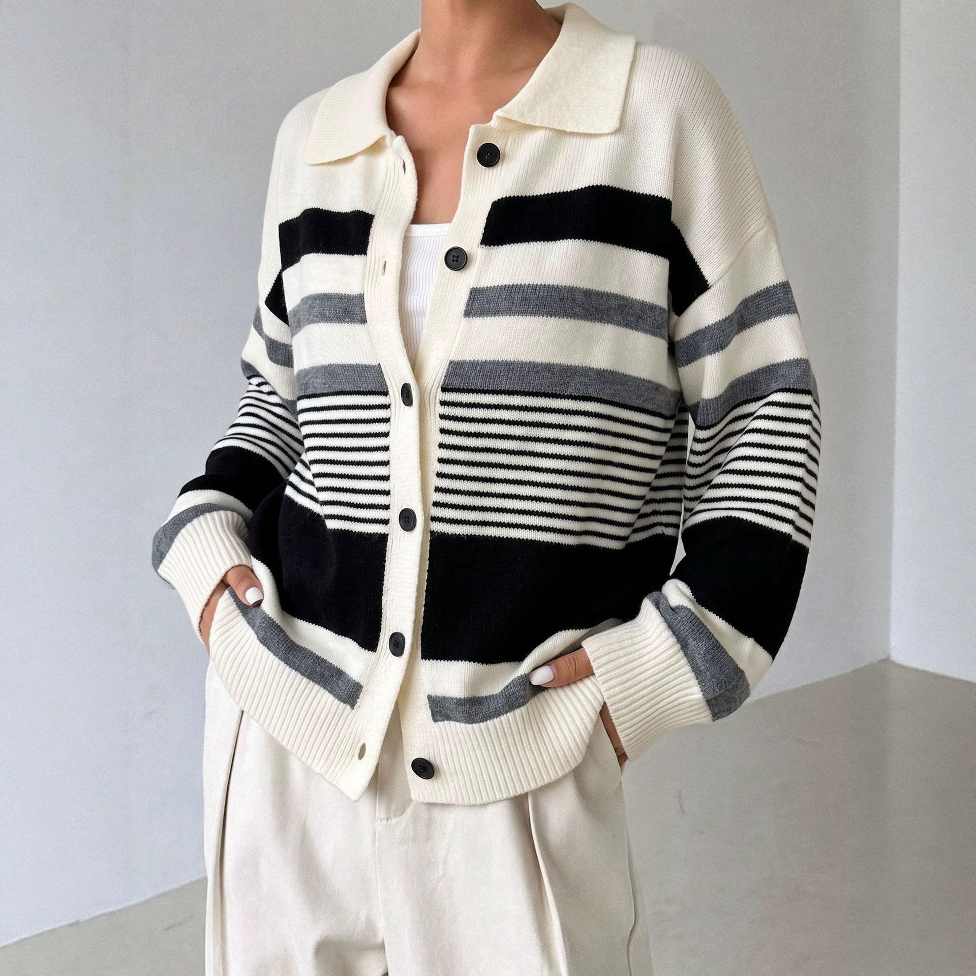 Women S Striped Loose Lapel Knit Cardigan Long Sleeve Sweater S