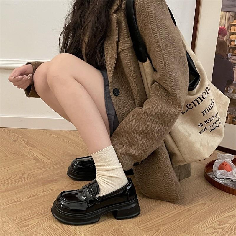 Black Round Head British Style Platform Small Leather Shoes Autumn and Summer 2025 New Thick Heel Women's Shoes Popular Versatile Loafers