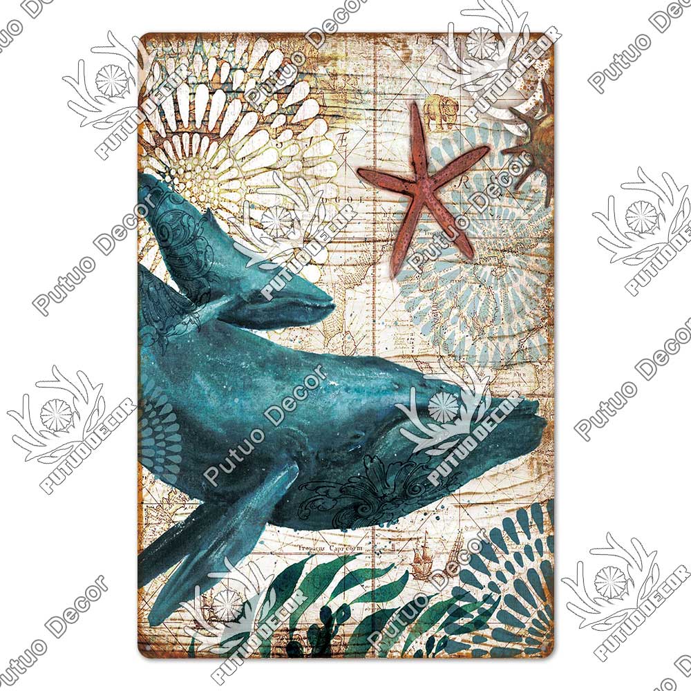 Decor Marine Animals Tin Sign Vintage Plaque Metal Wall Retro Posters for Beach Bar House Decorative Art Iron Painting