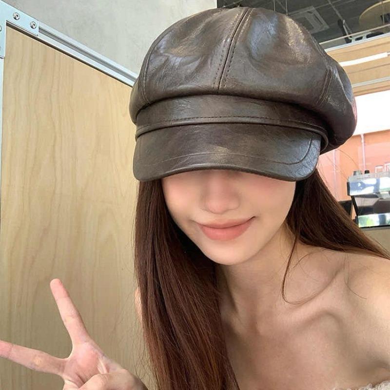 Leather duck tongue beret autumn and winter hat women's high-end octagonal hat versatile painter hat