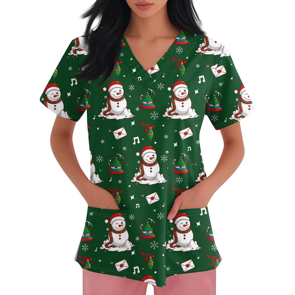 Women's V-neck Christmas Printed Short-sleeved Pocket Side-slit Protective Suit Top