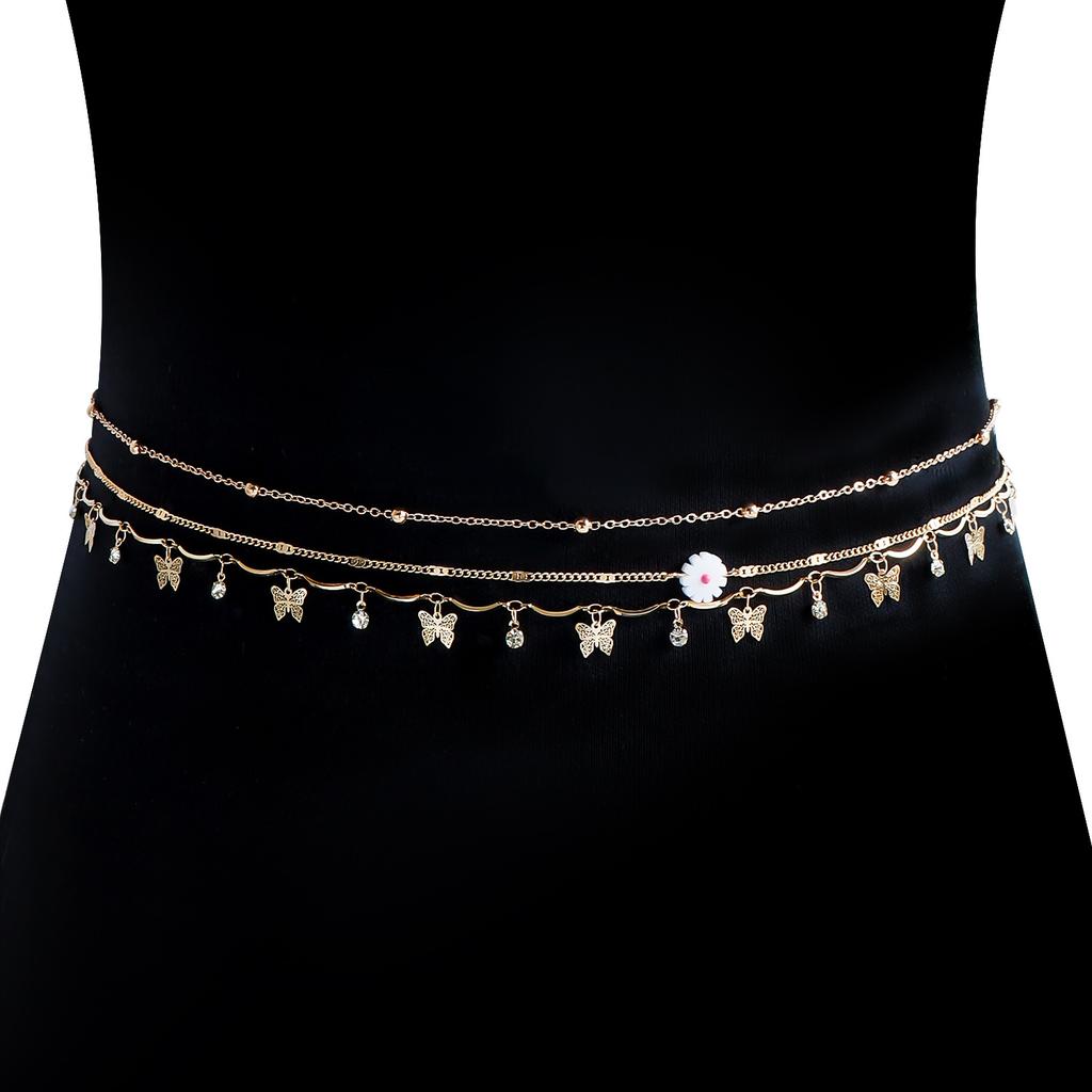 European and American summer sexy multi-layer metal waist chain, fashionable fringed butterfly rhinestone flower body chain