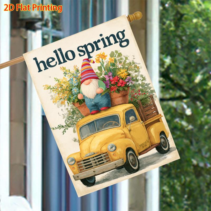 1pcs Spring, Yellow Truck and Dwarf, Flower Pattern FlagDouble-sided Garden Flag Courtyard Decoration, Outdoor Decoration, Lawn Decoration, Flag Only