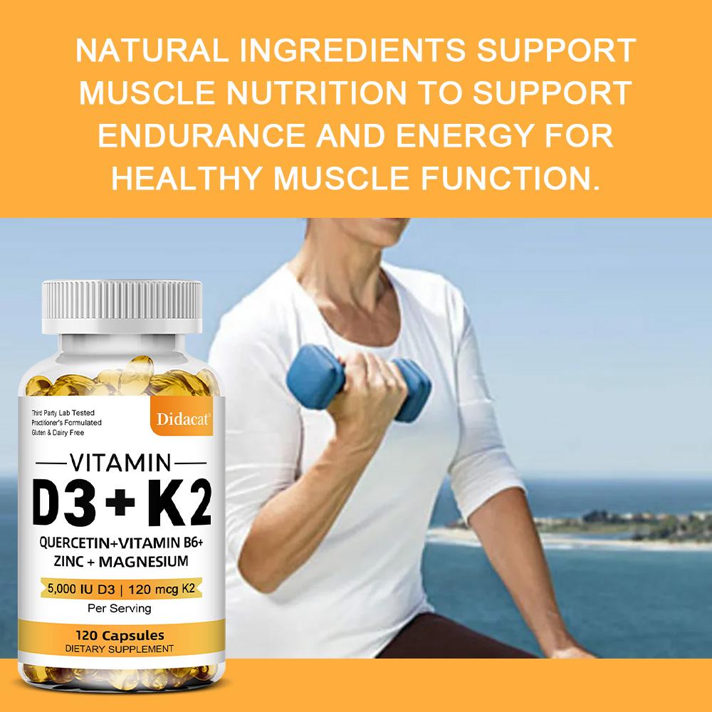 Vitamina D3 e K2 5000 UI Supporto per la salute muscolare Vegetariano Alta intensità 120 capsule molli