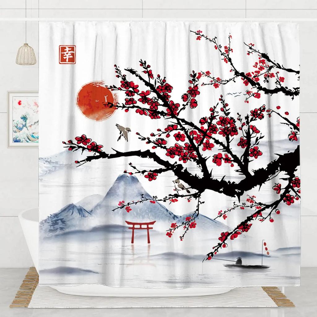 Charming Oriental Blossom Shower Curtain Set - Vibrant Cherry Blossom Designs for Elegant Bathroom Décor, Waterproof & Easy Care
