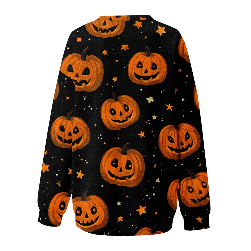 Women's Fashion Casual Long Sleeve Halloween Printed Neck Sweatshirt Top