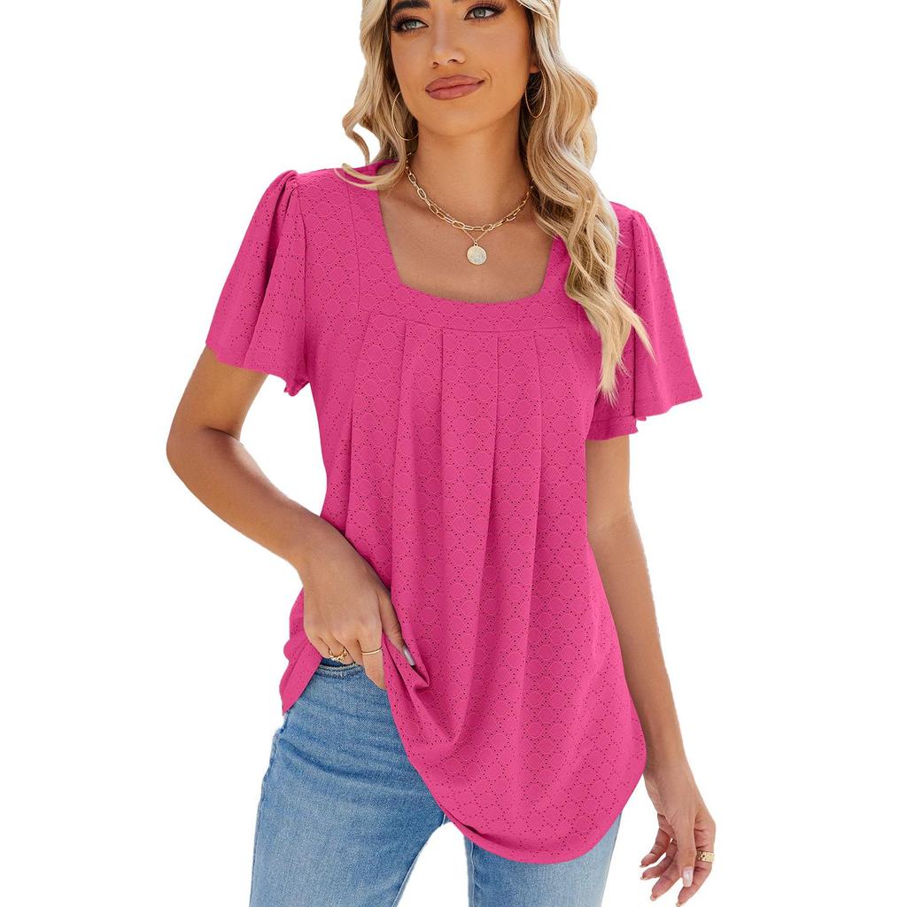 EU Cross-Border Women's Square Neck Pleated Short Sleeve Loose T-shirt 2024 Spring/Summer Collection