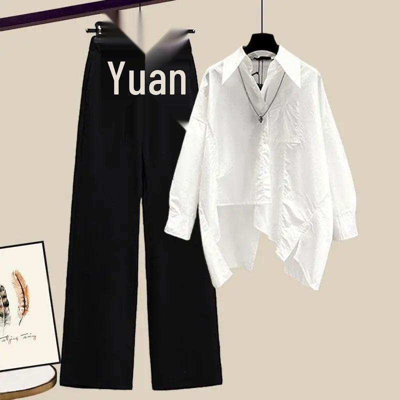 Spicy Girl Spring/Autumn Two-Piece Set: Wide-Leg Pants + Patchwork Shirt Top for Women 2026