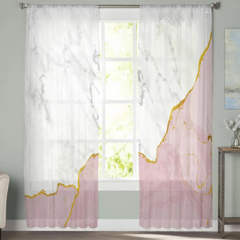 White Marble Pink Sheer Voile Window Curtains Tulle Curtains Living Room Balcony Decoration Drapes