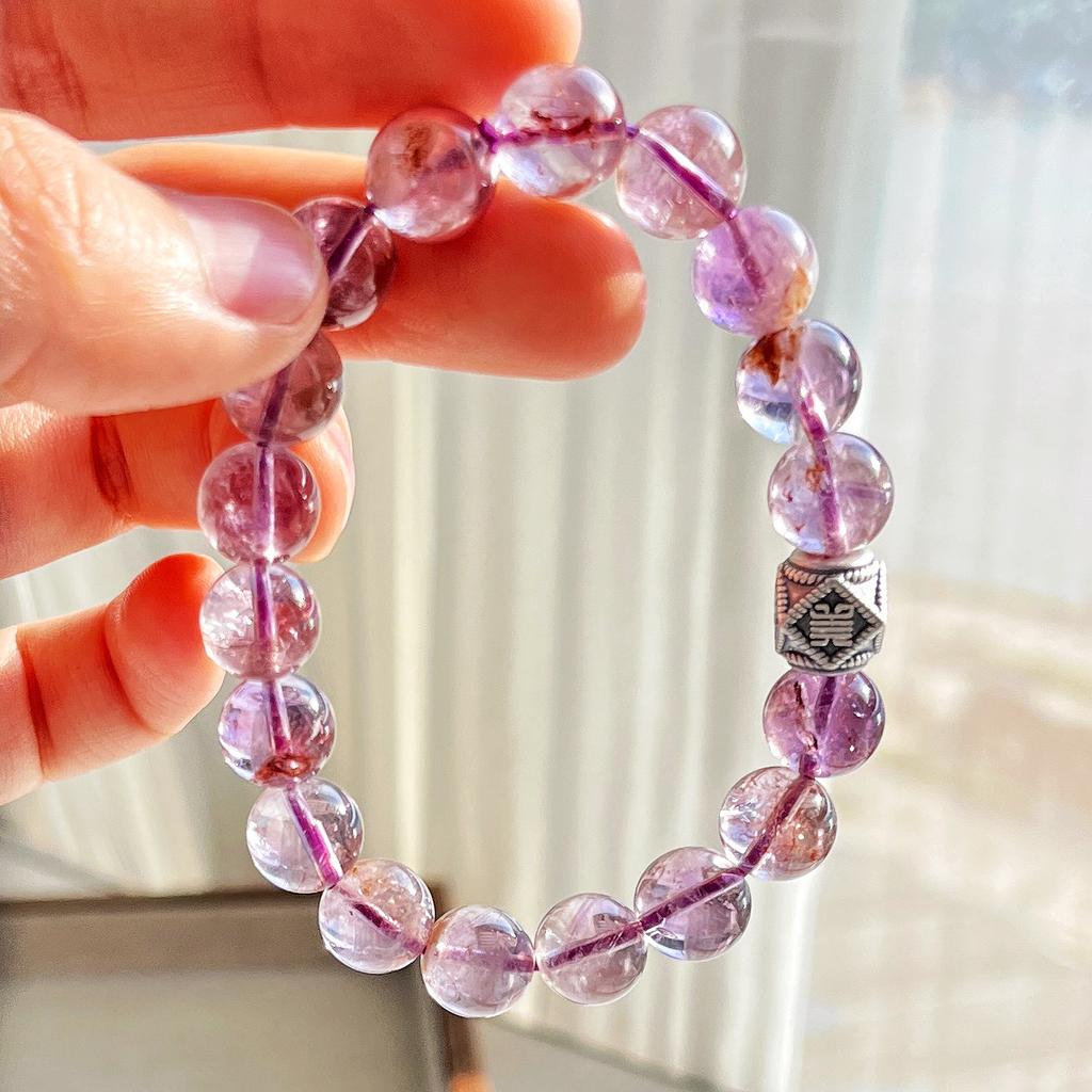 Pulsera de Plata 925 de 10 mm, Pulsera de Fantasma Morado Natural de Alta Calidad