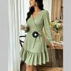 European and American casual V-neck vacation skirt autumn texture long-sleeved splicing dress