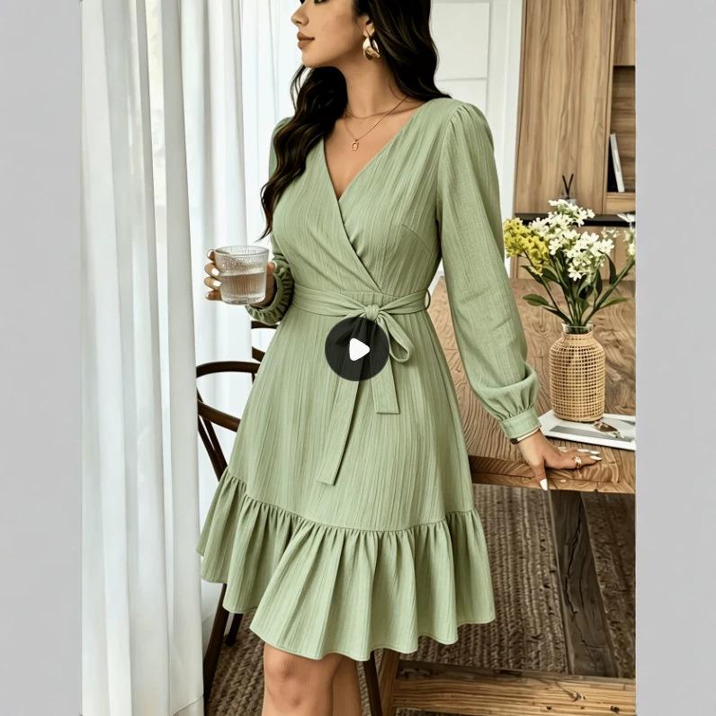 European and American casual V-neck vacation skirt autumn texture long-sleeved splicing dress