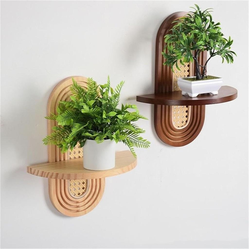 Mensola a Muro in Legno Naturale e Rattan Portapiante Galleggiante Fatto a Mano Espositore Per Arredamento Casa Soggiorno Camera da Letto Stanza dei Bambini