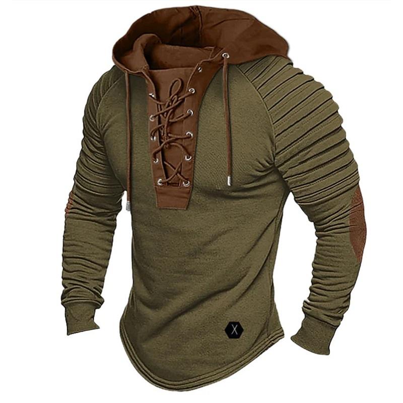Men's Casual Long-sleeved Hooded Pullover Color Matching Lace-up Hooded Sports Streetwear Bronzing Sweatshirt