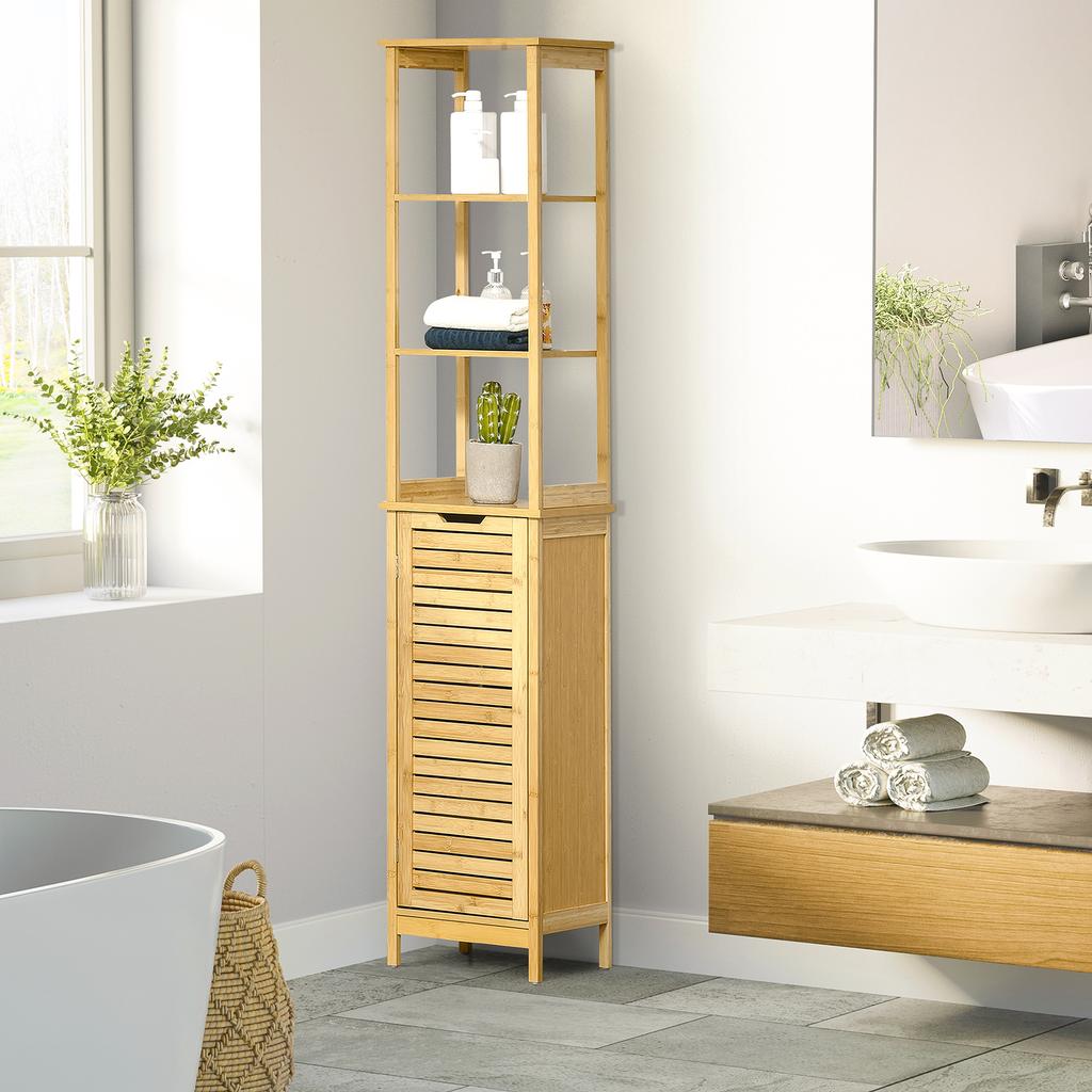 Tall Bathroom Cabinet, Slim Storage Cabinet, Tallboy Bamboo Storage Unit with 3-Tier Storage Shelves and Freestanding Organiser, Natural